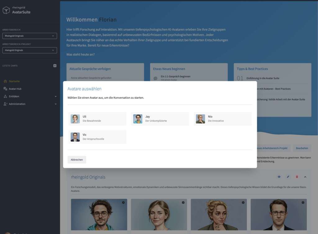 Blick auf die Oberfläche der Avatar Suite